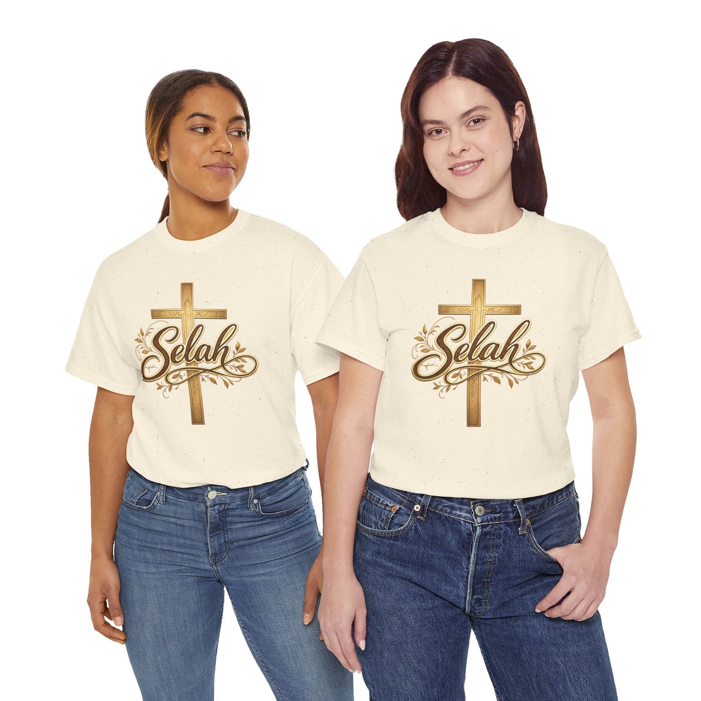 Selah Cross Tee — Women's Christian T‑Shirt with Gold Script