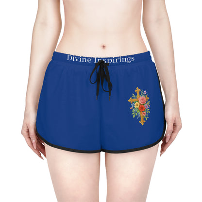 Blooming Faith Women's Shorts in Blue with Floral Cross Design
