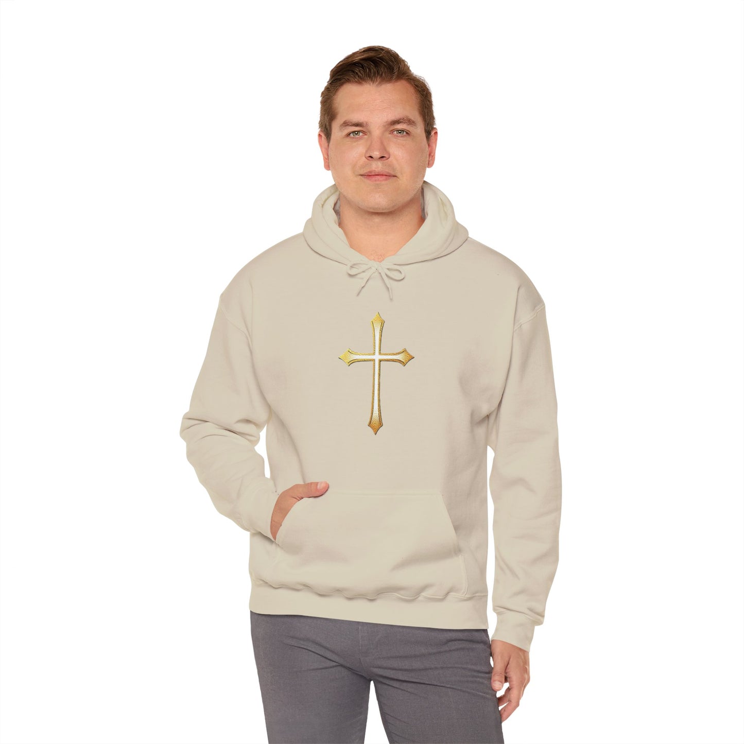 Men’s Gold Cross Hoodie – Bold Christian Faith Hoodie with Front & Back Design