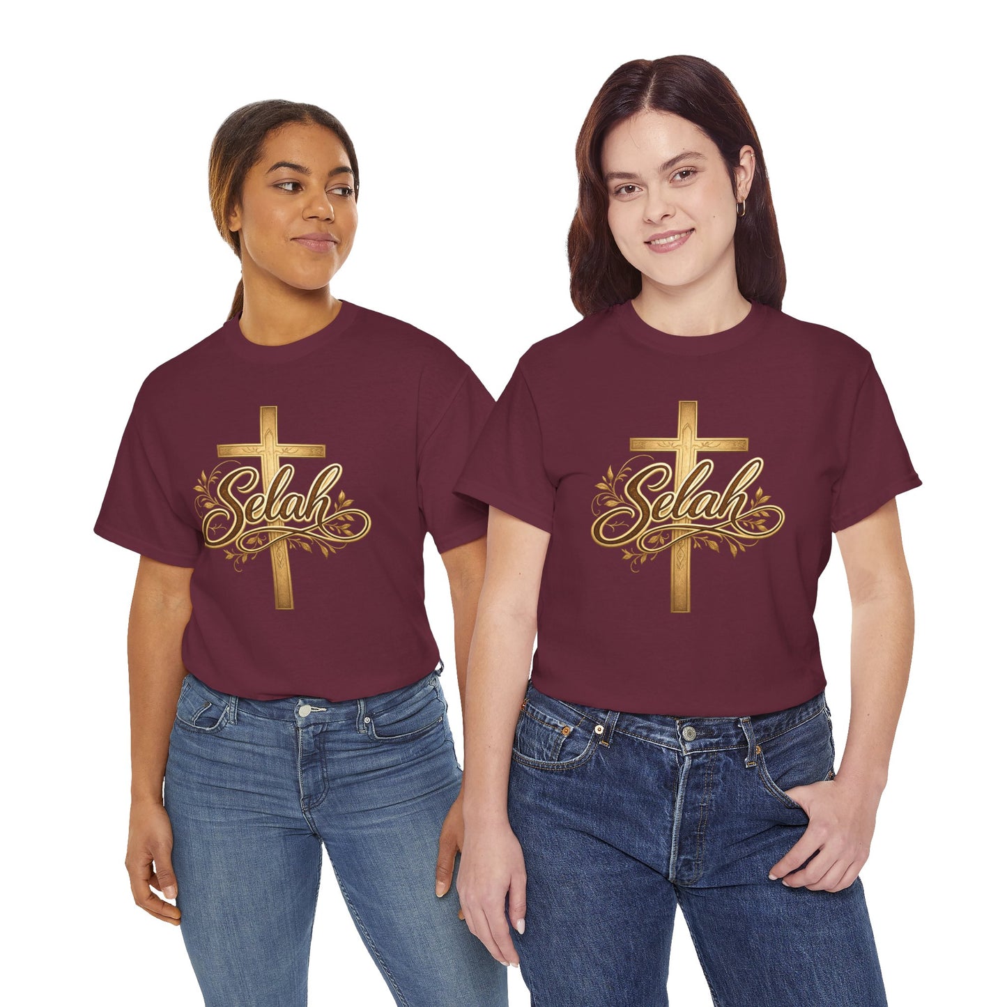Selah Cross Tee — Women's Christian T‑Shirt with Gold Script