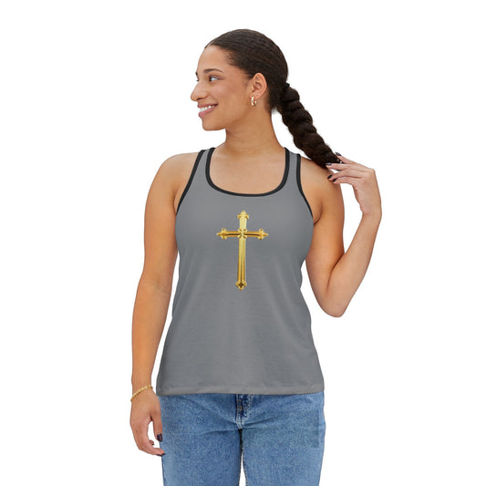 Gold Cross Women’s Christian Tank Top in Grey – Symbol of Eternal Victory