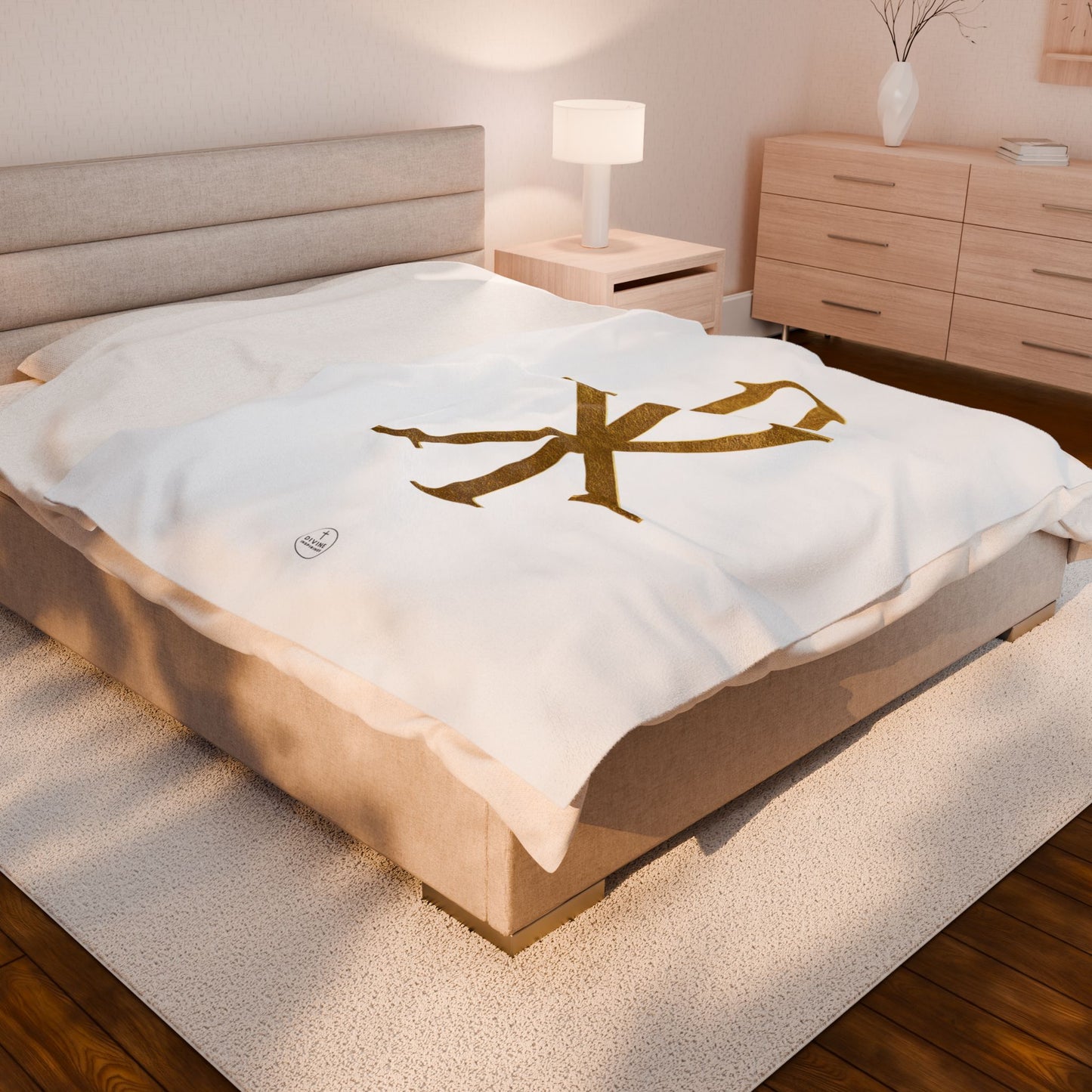 Radiant Faith Plush Blanket – Gold Chi Rho on White