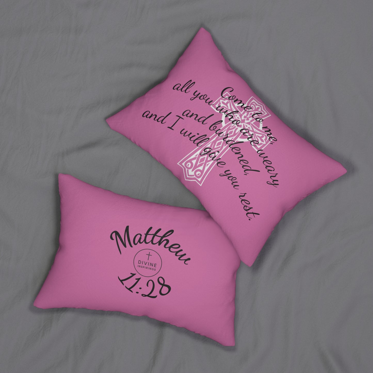 Matthew 11:28 Lumbar Pillow – Rest for the Weary (Literally in pink!)