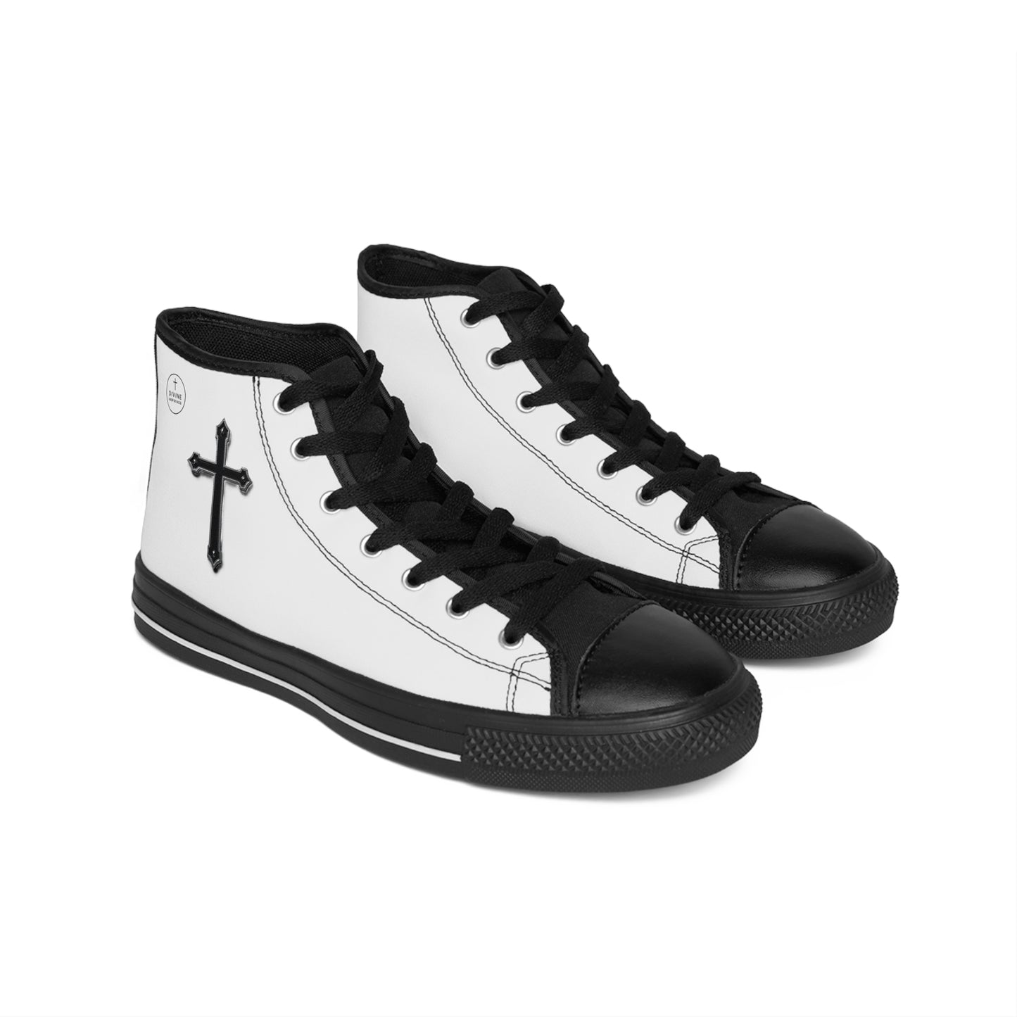 Faithful Stride Shadow – Men’s White High-Top Sneakers with Black Cross, Black Sole & Tongue