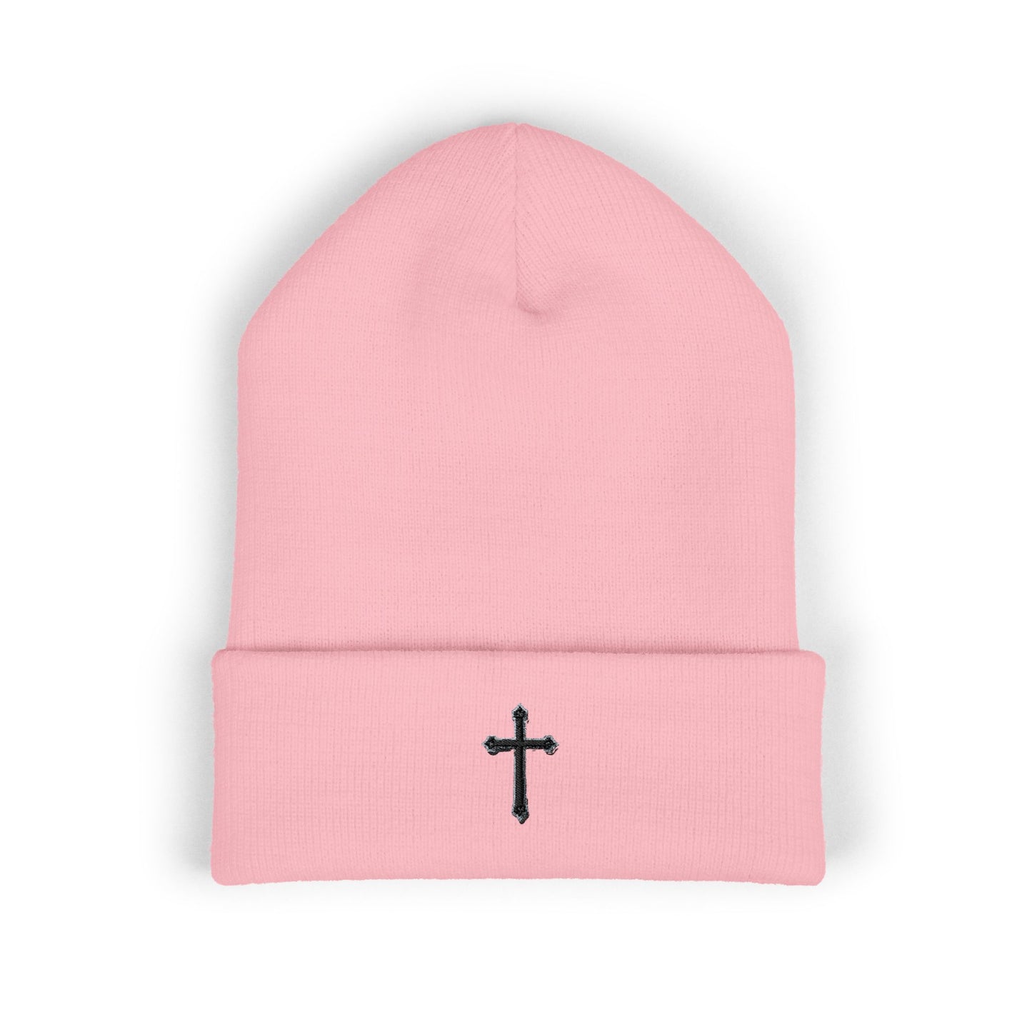 Shadowed Faith Cuffed Beanie – Black Embroidered Cross