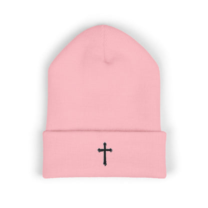 Shadowed Faith Cuffed Beanie – Black Embroidered Cross