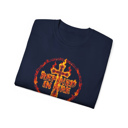 Men’s “Refined in Fire” Christian T-Shirt – Flame Text Spiritual Strength Tee