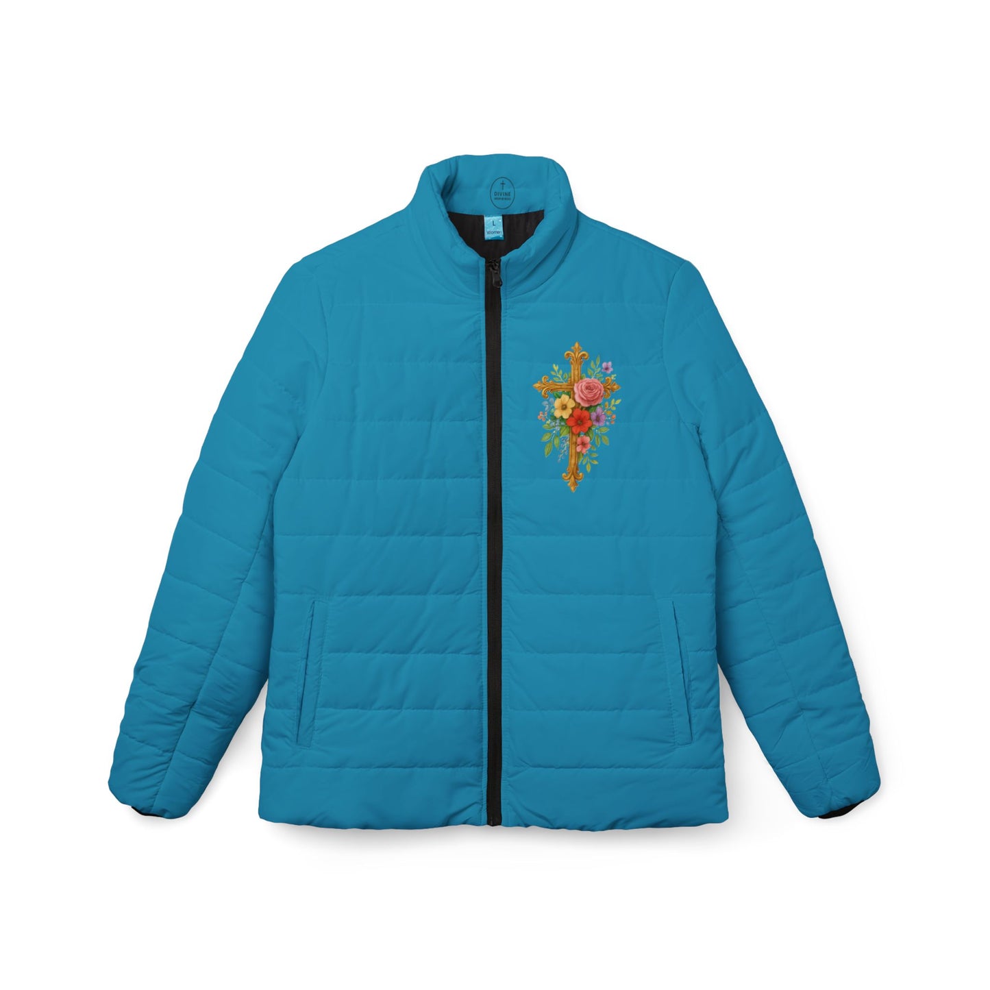 Blooming Faith Women’s Puffer Jacket in Turquoise – Floral Cross Crest