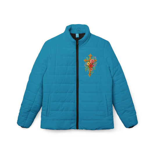 Blooming Faith Women’s Puffer Jacket in Turquoise – Floral Cross Crest