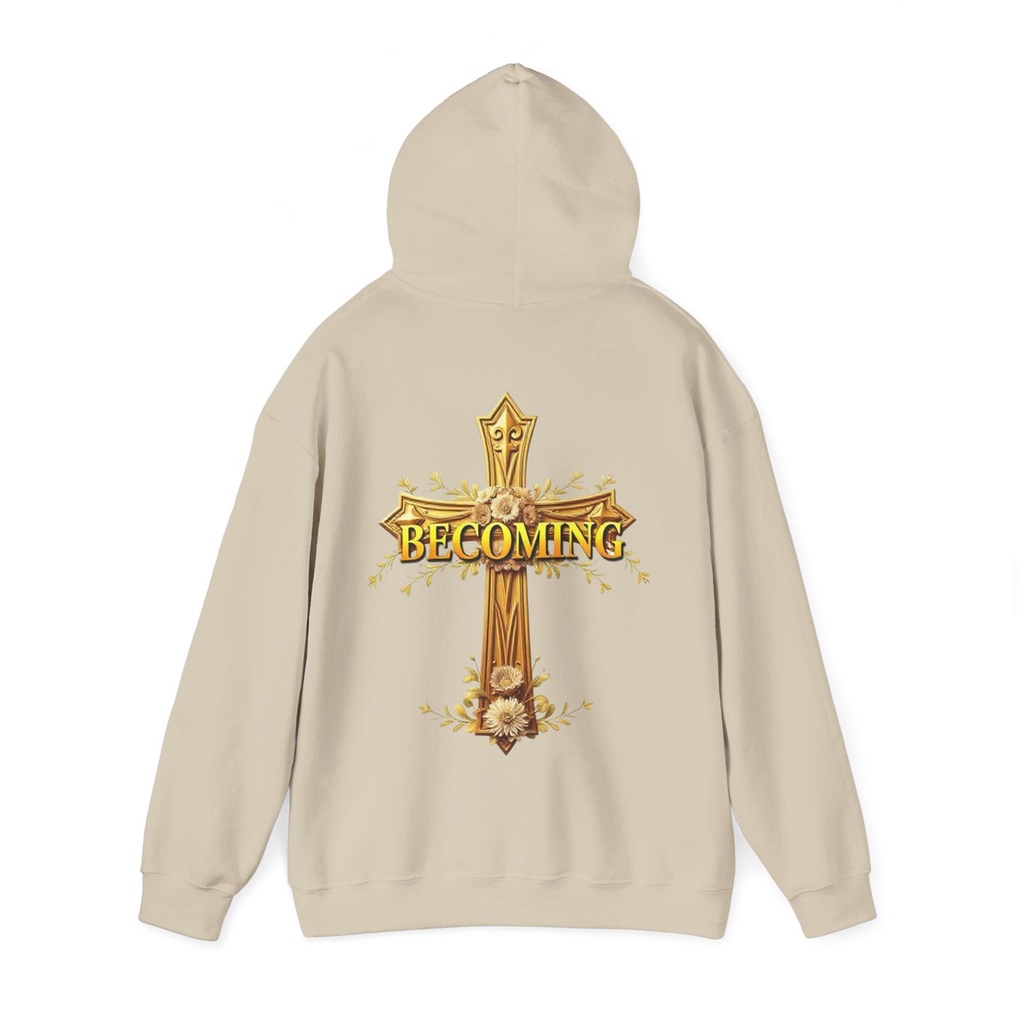 Becoming Women’s Faith Hoodie – Gold Cross Edition (1 Corinthians 15:49)