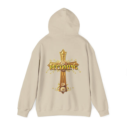Becoming Women’s Faith Hoodie – Gold Cross Edition (1 Corinthians 15:49)