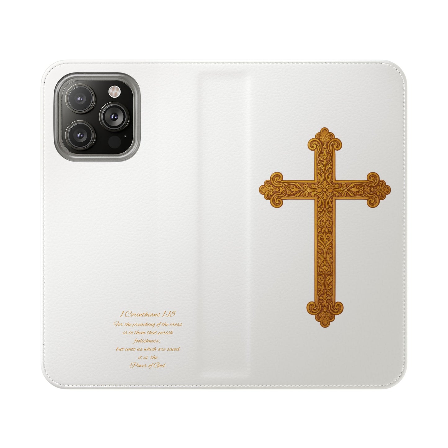 White Wallet Case – Gold Cross with 1 Corinthians 1:18 for iPhones