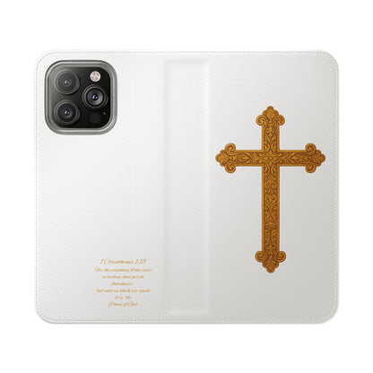 White Wallet Case – Gold Cross with 1 Corinthians 1:18 for iPhones