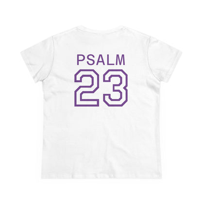 Psalm 23 Women’s Tee – Inspired Sports-Style Shirt (Purple Numbering)