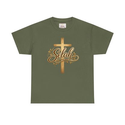 Selah Cross Tee — Women's Christian T‑Shirt with Gold Script