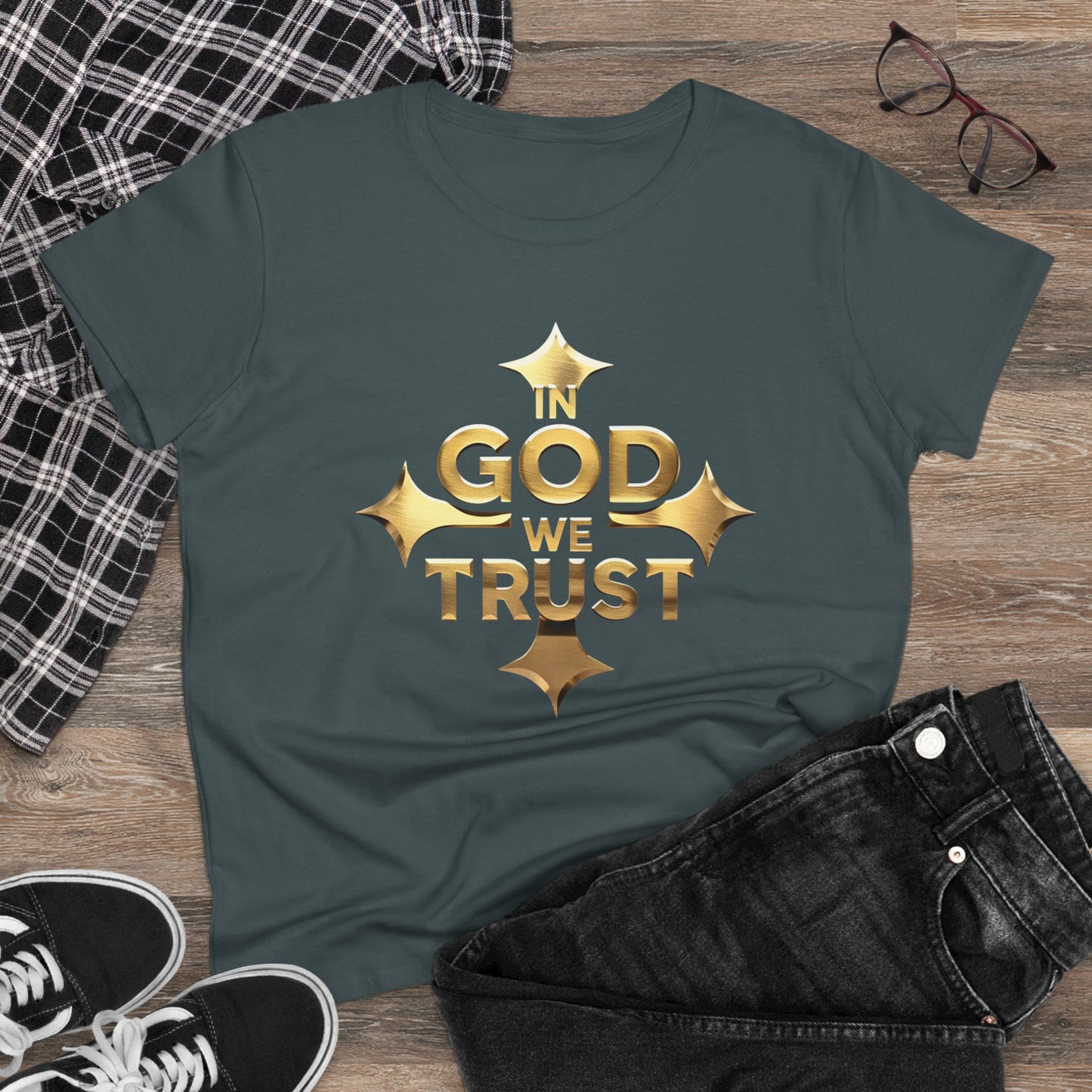 Grace & Glory – Women’s “In God We Trust” Cross Tee