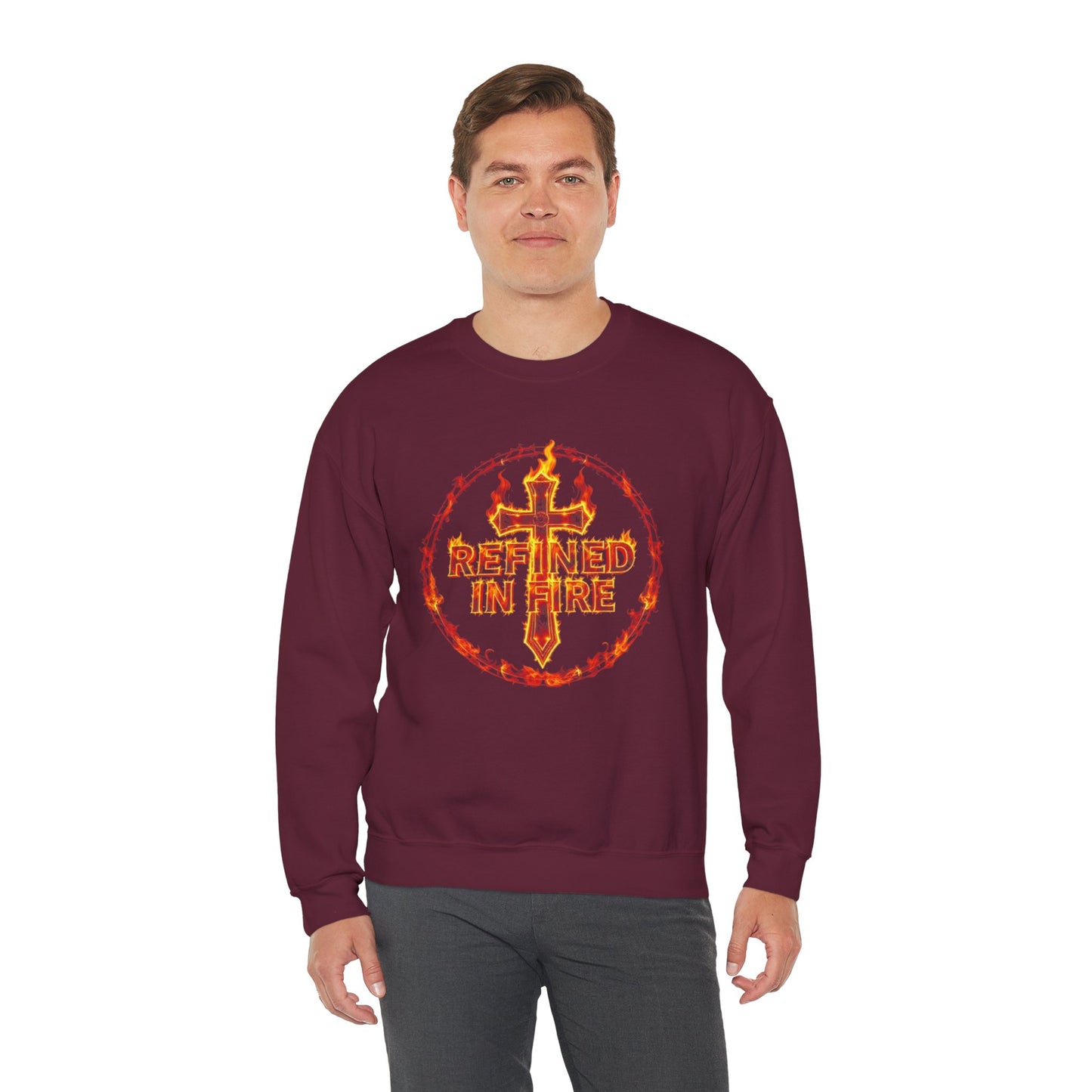 Men’s “Refined in Fire” Christian Sweatshirt – Bold Flame Design Pullover