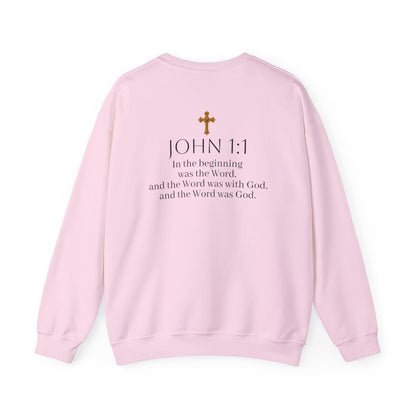 “The Word Eternal” – Women’s Christian Sweatshirt with Bold Dark Lettering (John 1:1)