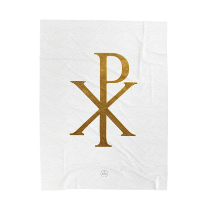 Radiant Faith Plush Blanket – Gold Chi Rho on White
