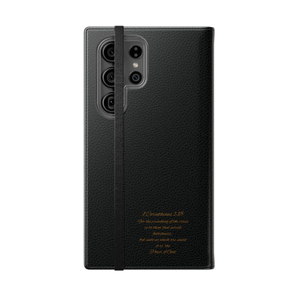 Black with Gold Cross & 1 Corinthians 1:18 - Samsung Flip/Wallet Phone Case