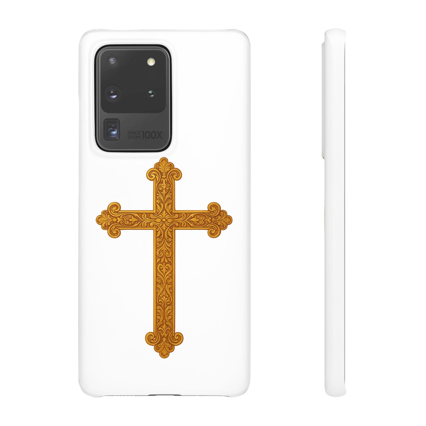 White Samsung Snap Case – Gold Cross Design
