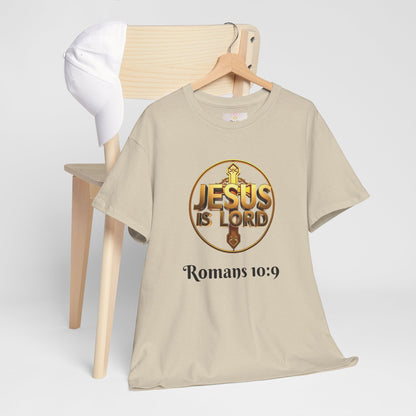 Men’s Romans 10:9 Christian T-Shirt – Jesus Is Lord & He Is Risen (Dark Lettering)