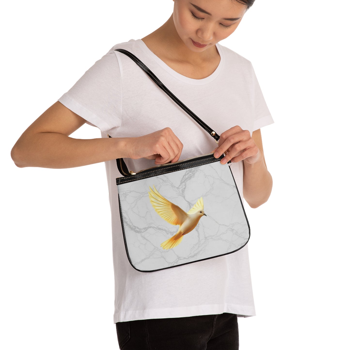 Heaven’s Grace: Golden Dove on Marble – Elegant Christian Purse