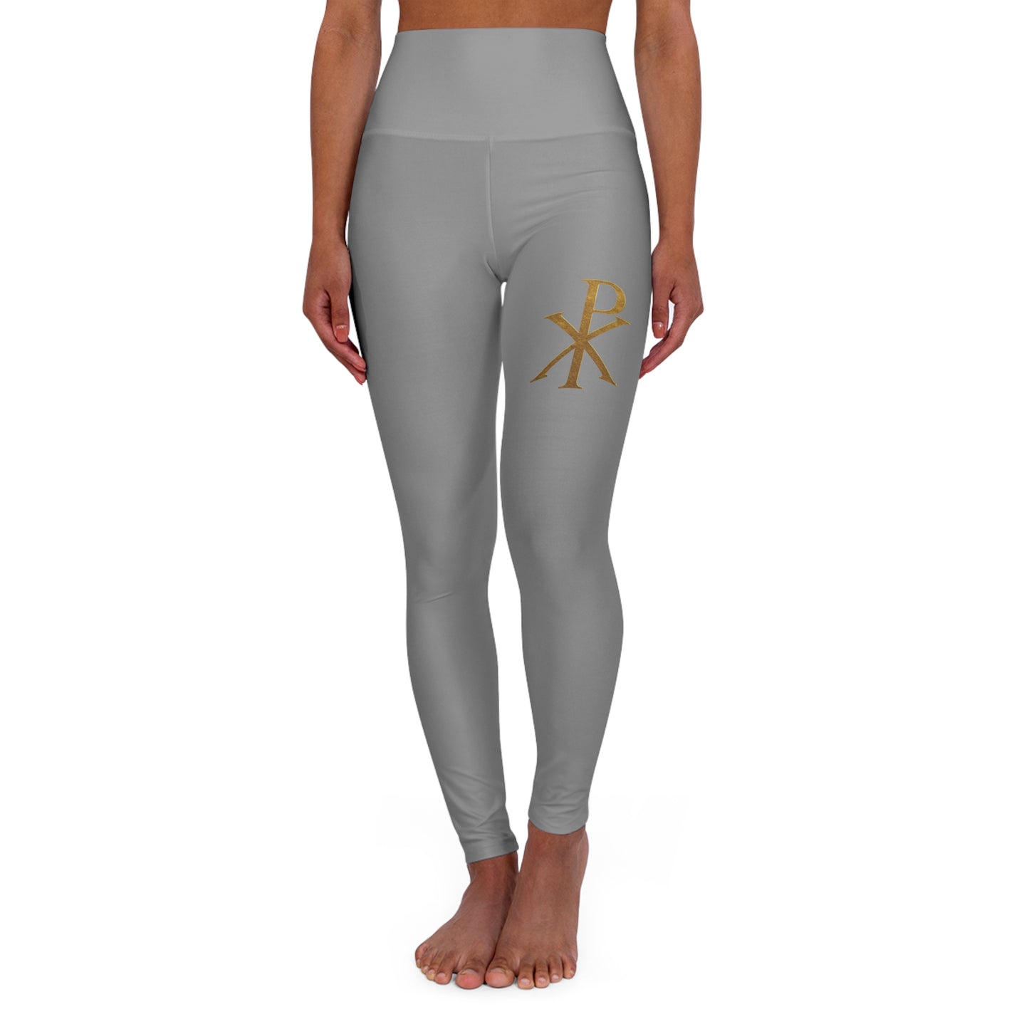 Chi Rho Women’s High-Waisted Yoga Leggings in Grey – Strength and Victory in Christ