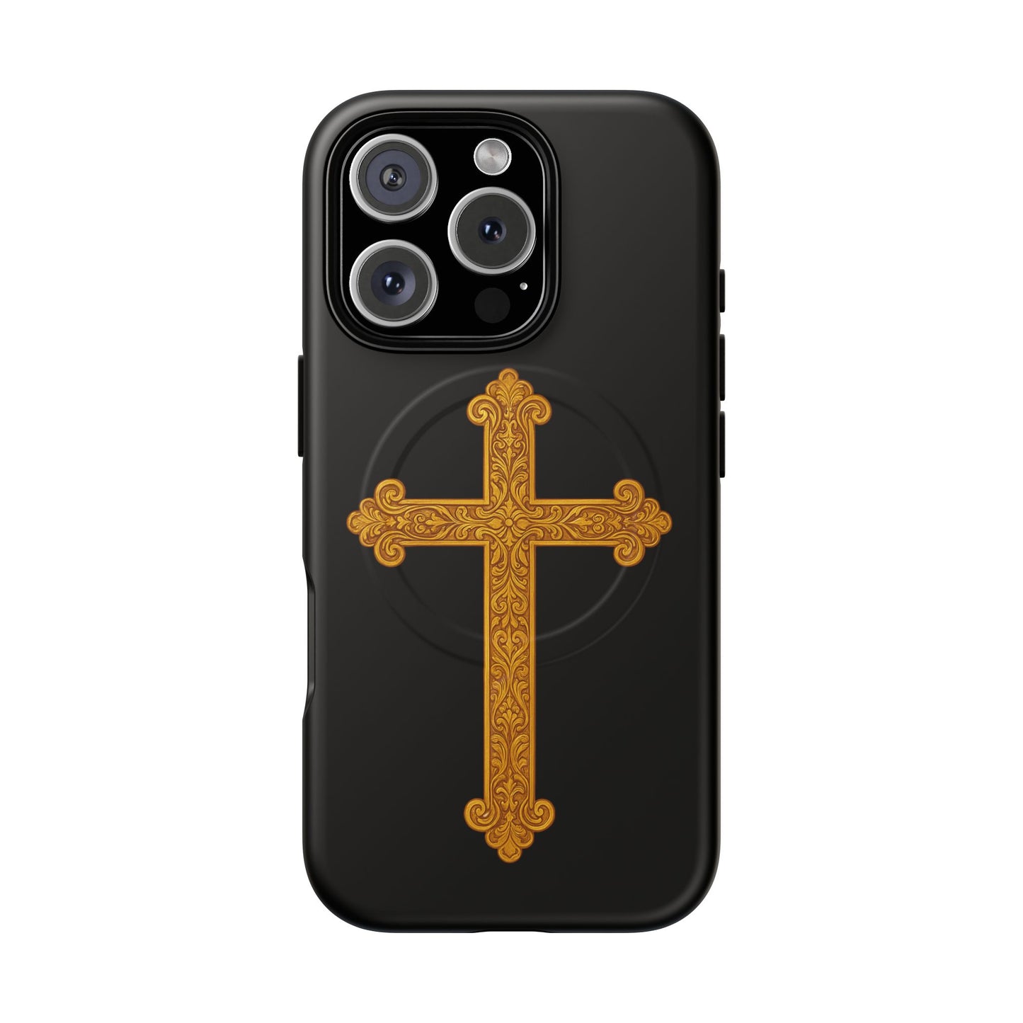 Gold Cross on Black Magnetic Tough Case for iPhone – Strength in Faith