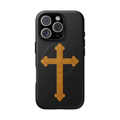 Gold Cross on Black Magnetic Tough Case for iPhone – Strength in Faith