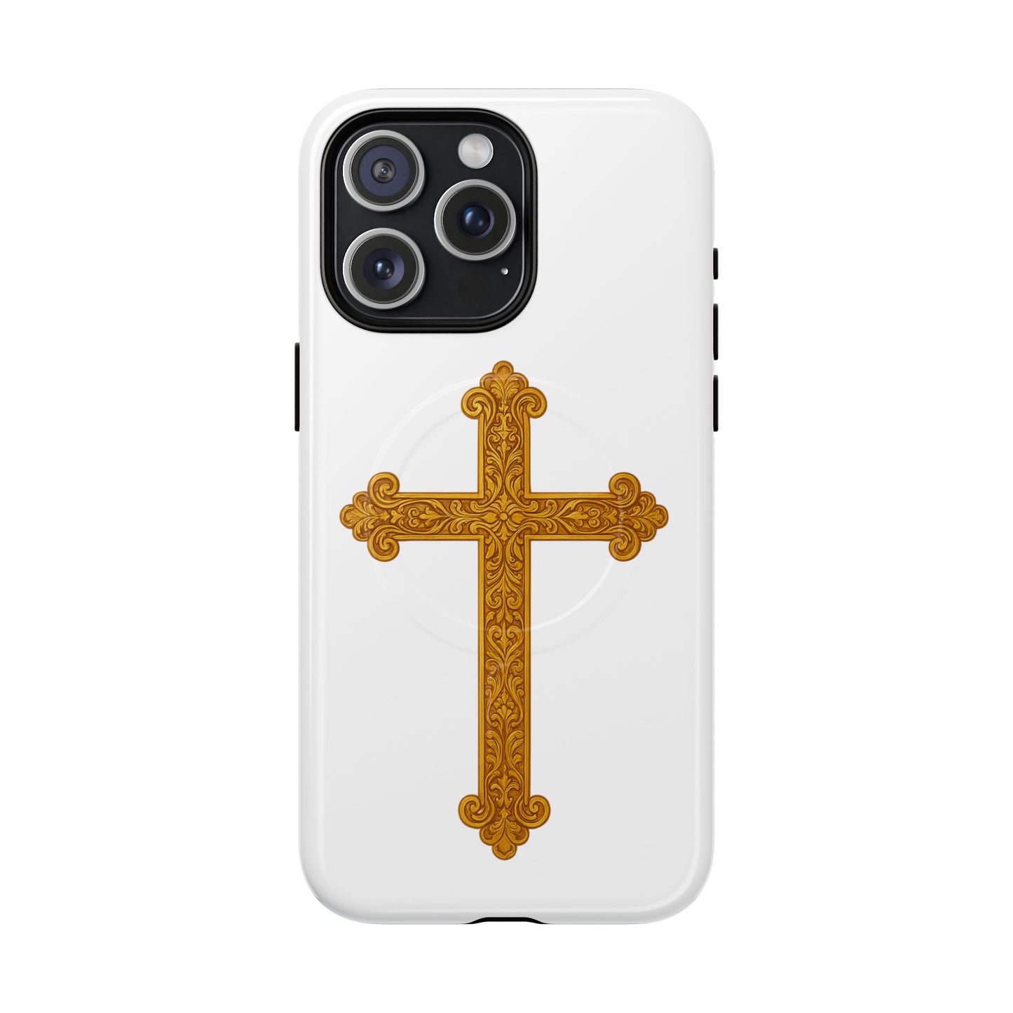 Gold Cross on White Magnetic Tough Case for iPhone – Strength in Faith