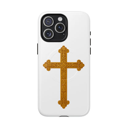 Gold Cross on White Magnetic Tough Case for iPhone – Strength in Faith
