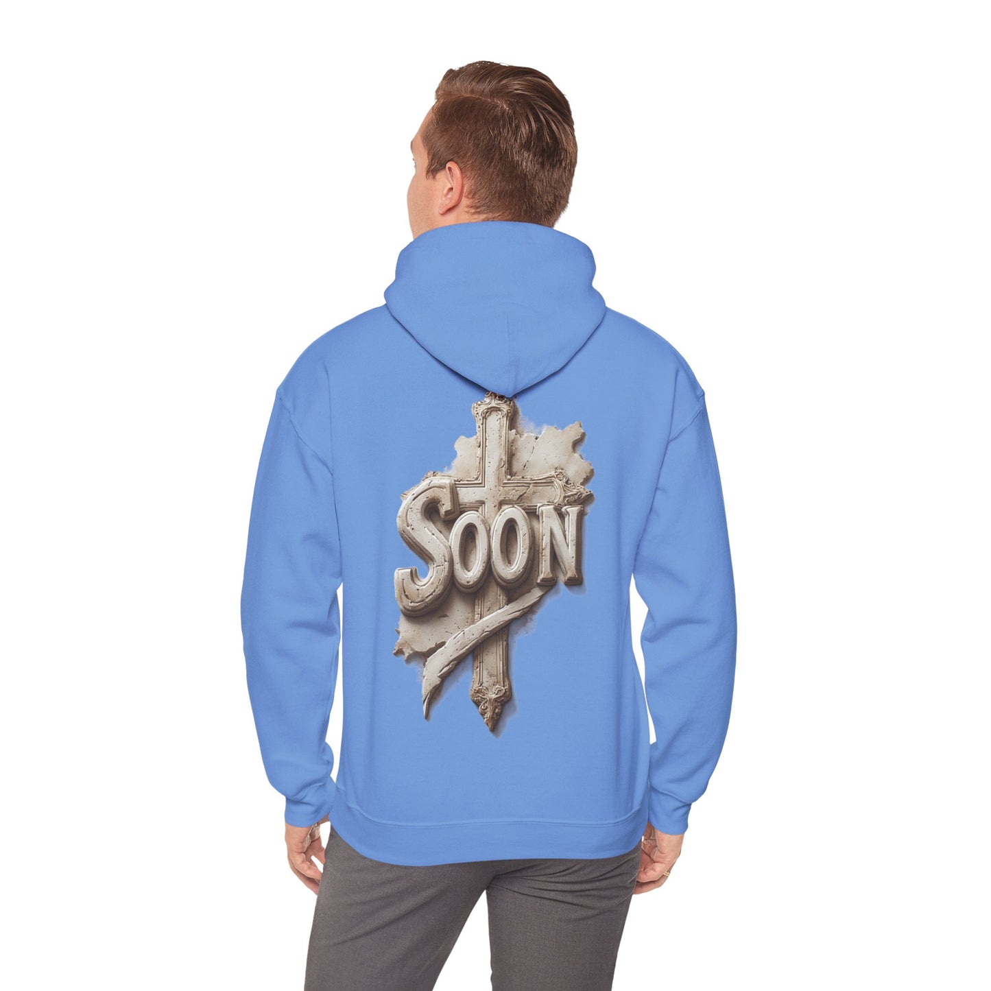 “Soon” Cross Men’s Hoodie – Back Print Faith Statement