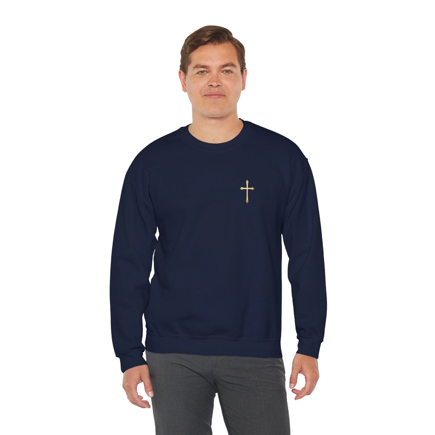 Men’s Elegance w/ Gold Cross Sweatshirt – Subtle Christian Faith Apparel