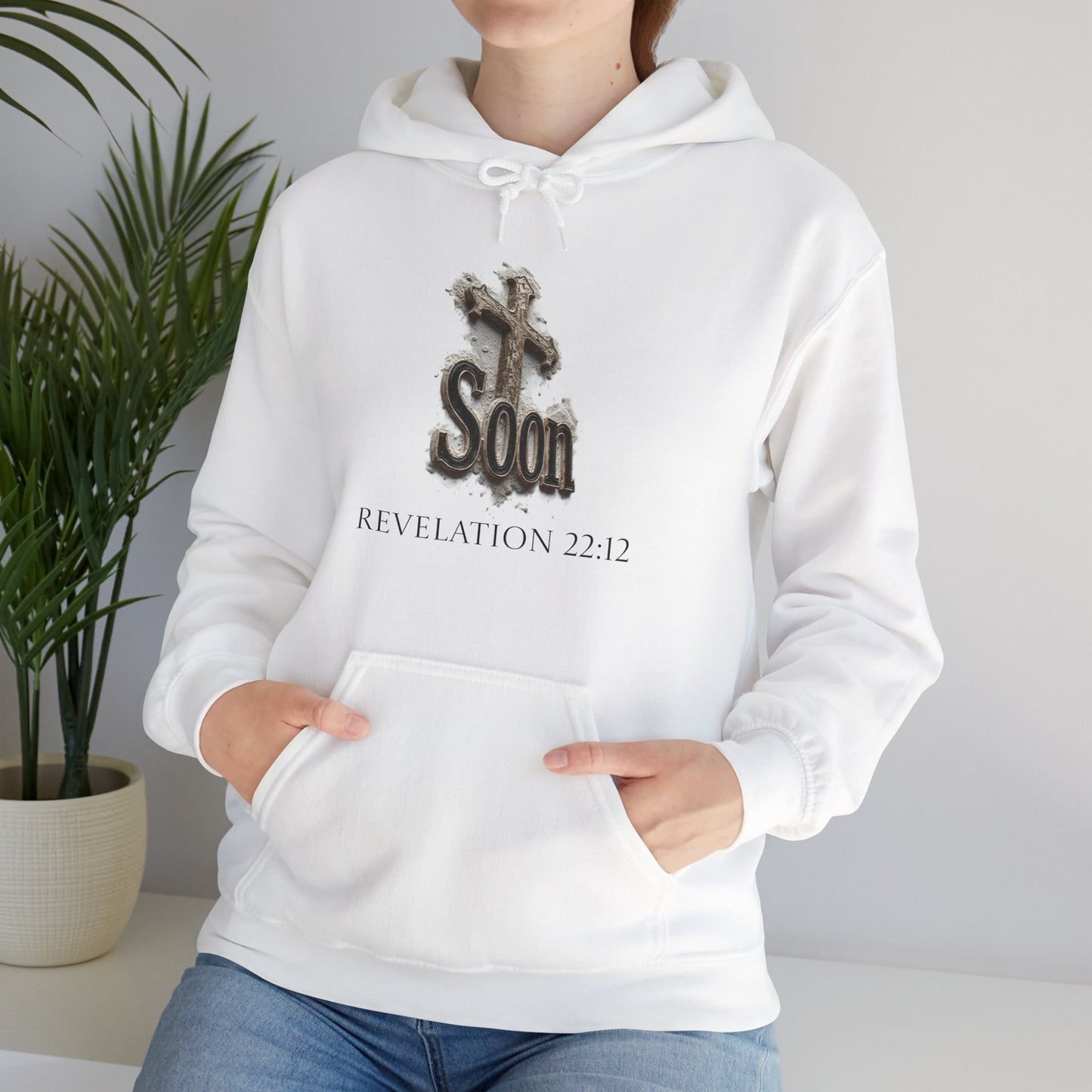 Christian Women’s Hoodie – Soon Cross Hoodie with Revelation 22:12 (Dark Lettering)