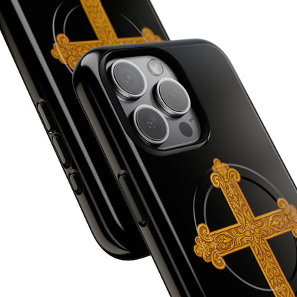 Gold Cross on Black Magnetic Tough Case for iPhone – Strength in Faith
