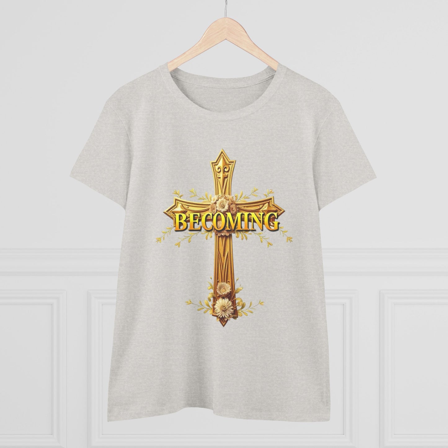 Becoming Women’s Faith Tee – Gold Cross Edition (Dark Lettering, 1 Corinthians 15:49)