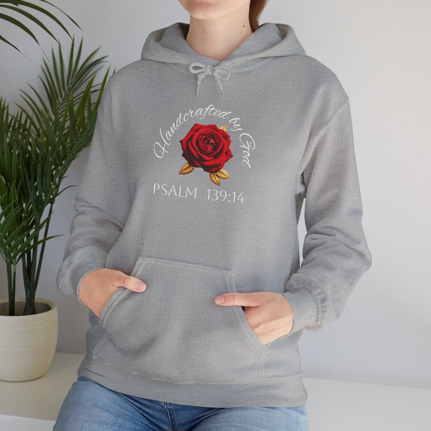 Handcrafted by God Rose Hoodie – White Lettering, Psalm 139:14