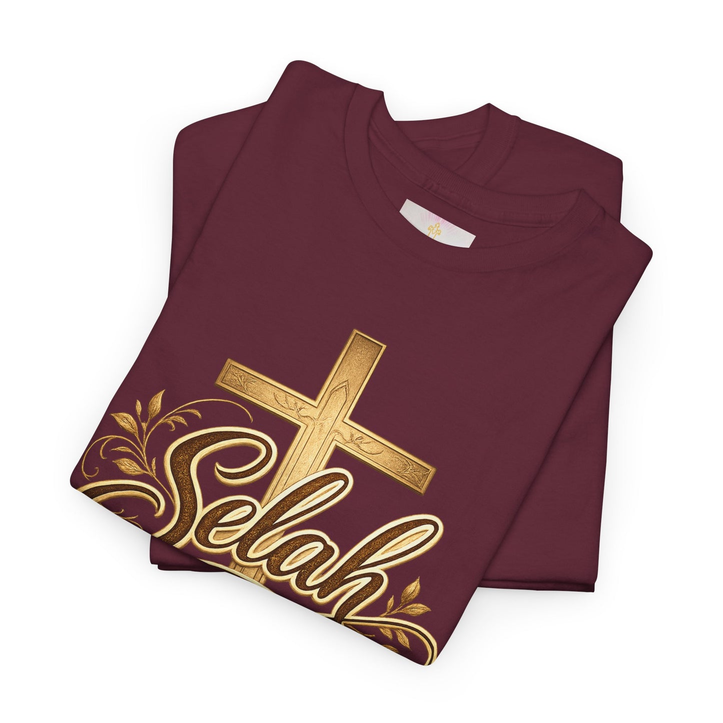Selah Cross Tee — Women's Christian T‑Shirt with Gold Script