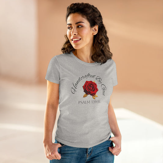 Handcrafted By God Women’s Christian Tee – Rose Design, Dark Lettering
