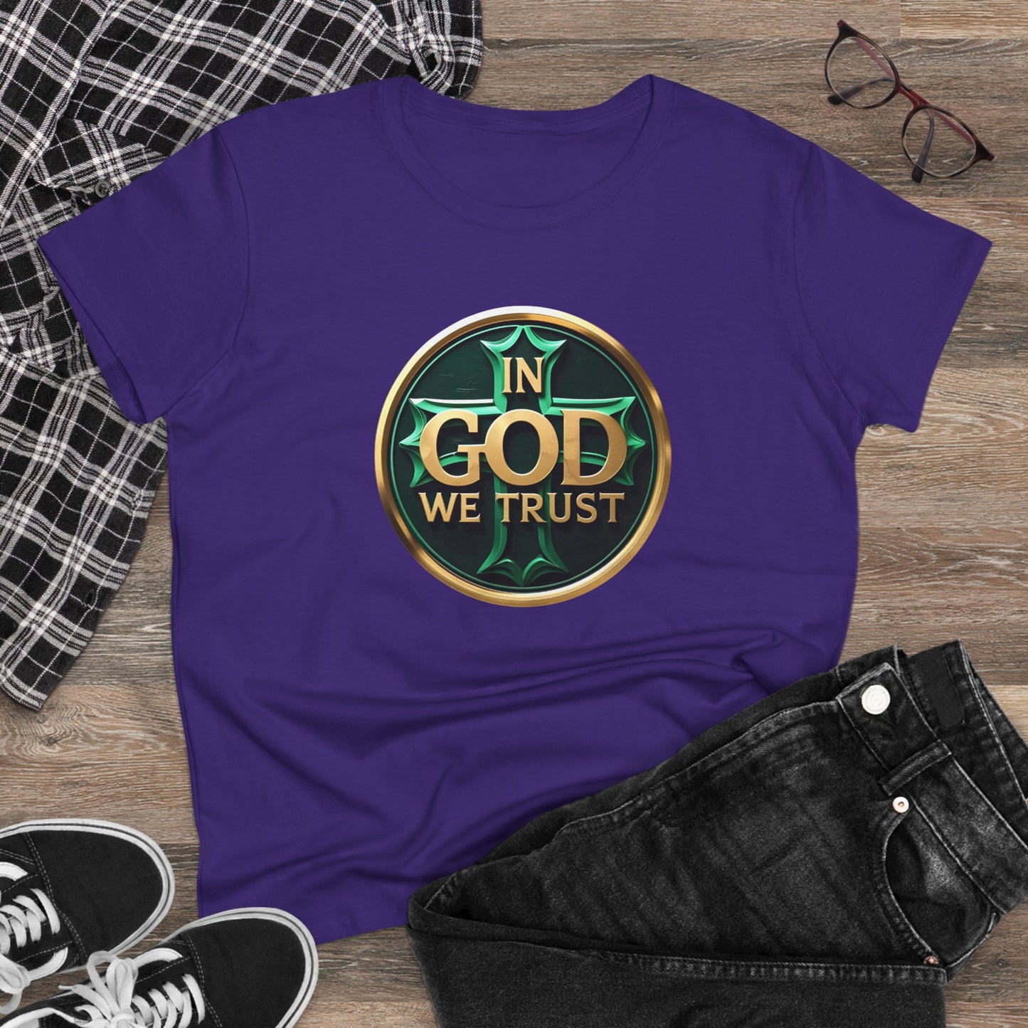 In God We Trust – Bold Gold Cross Women's Tee
