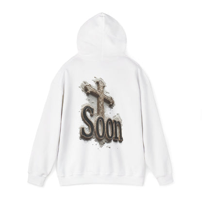 Soon: Revelation 22:12 Cross Hoodie – Men’s Christian Faithwear (Dark Lettering)