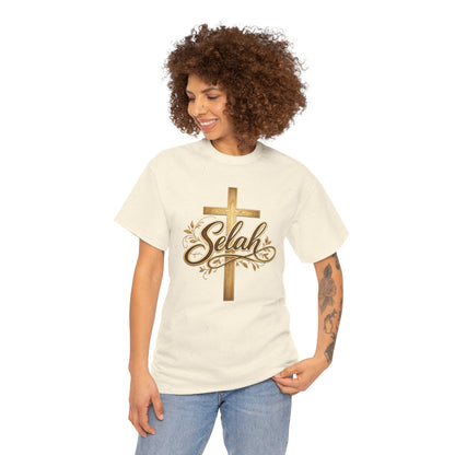 Selah Cross Tee — Women's Christian T‑Shirt with Gold Script