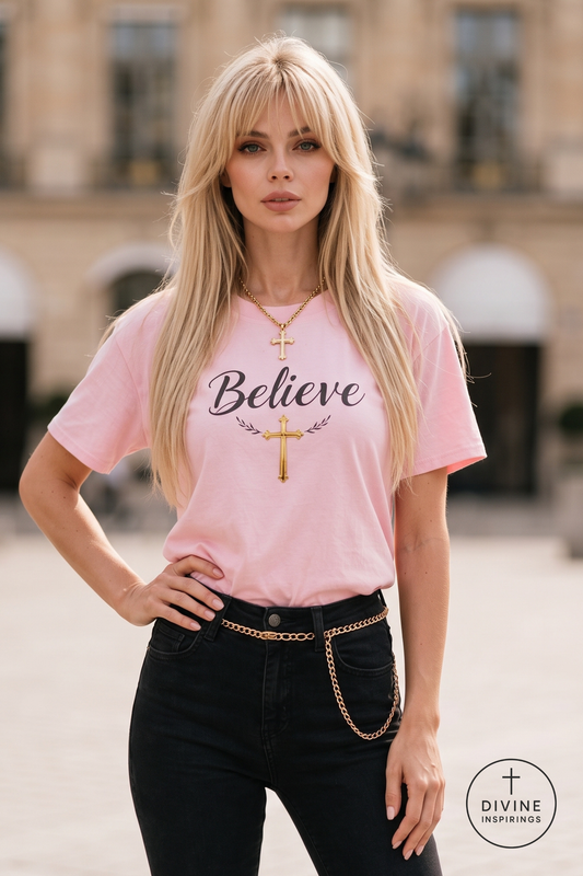 A blonde woman wearing a light pink t-shirt with 'Believe' and a gold cross printed on the front, paired with black jeans and a gold chain belt, standing in an outdoor urban setting.