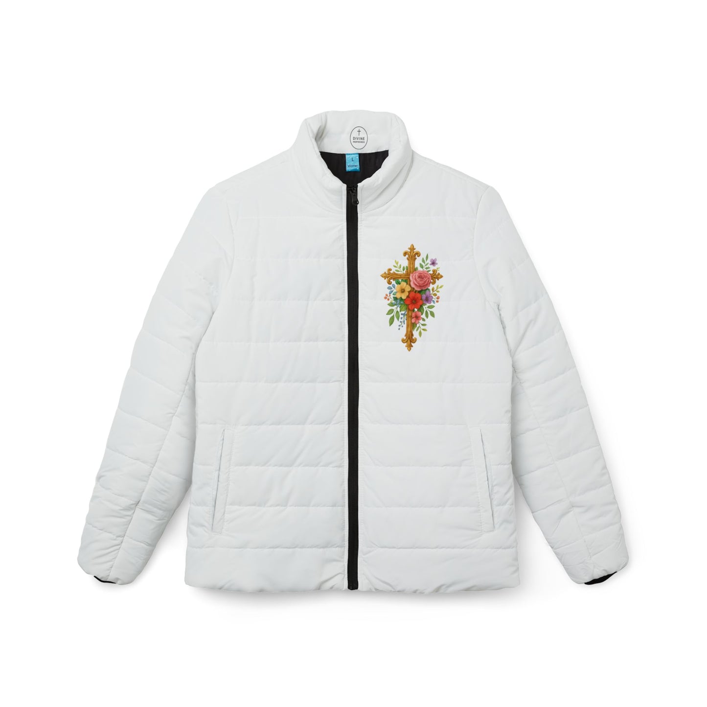 Blooming Faith Women’s Puffer Jacket – Floral Cross Crest