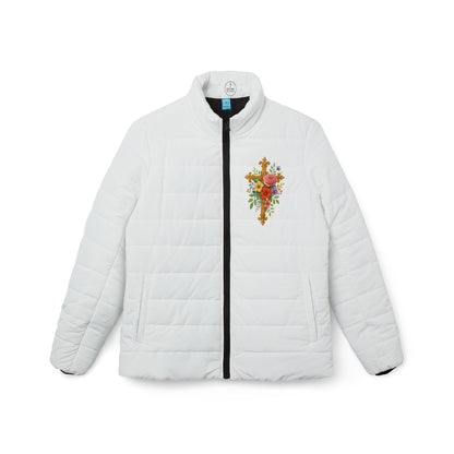 Blooming Faith Women’s Puffer Jacket – Floral Cross Crest