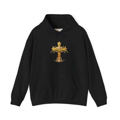 Becoming Women’s Faith Hoodie – Gold Cross Edition (1 Corinthians 15:49)