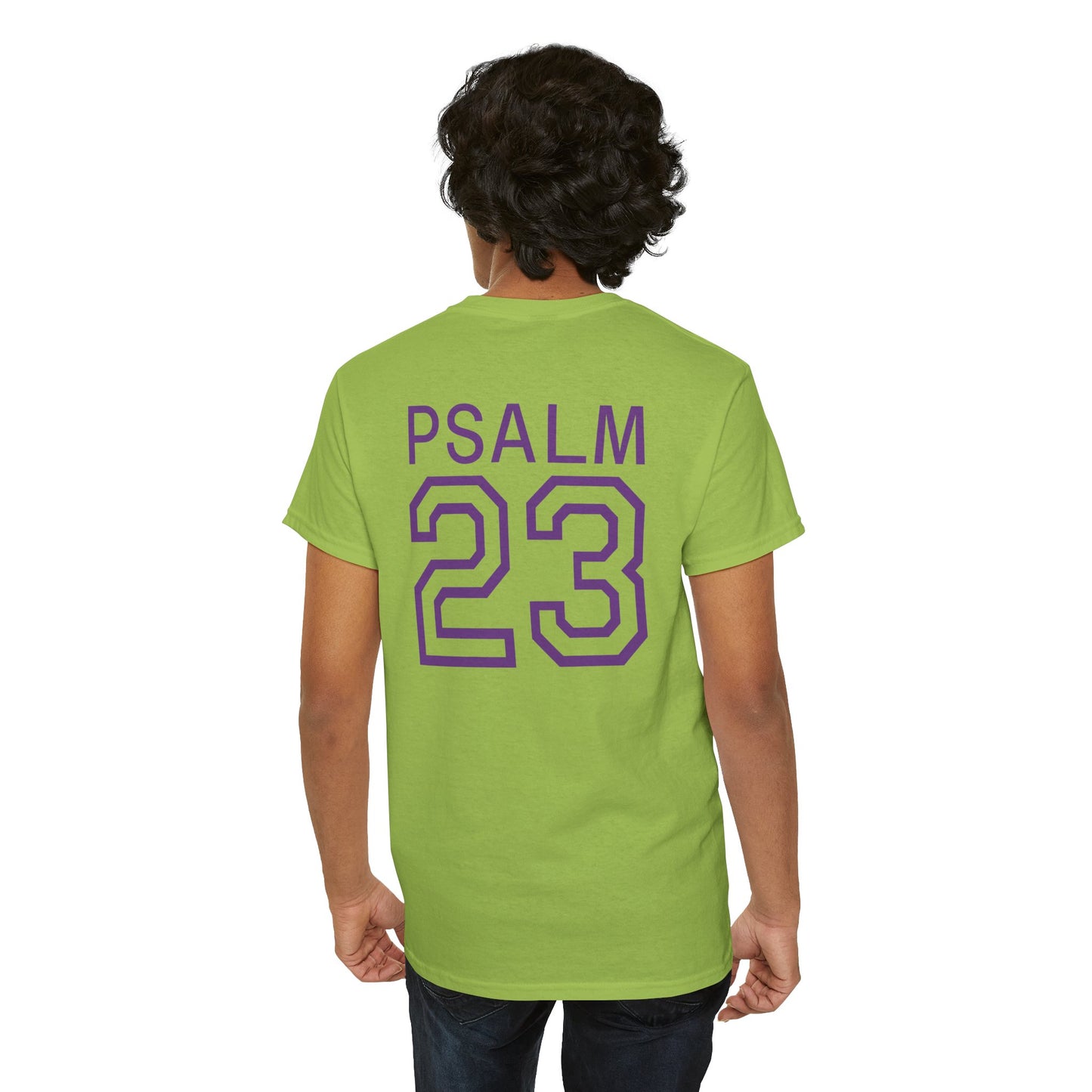 Psalm 23 Men’s T-Shirt – Inspired Sports-Style Shirt (Purple Lettering)