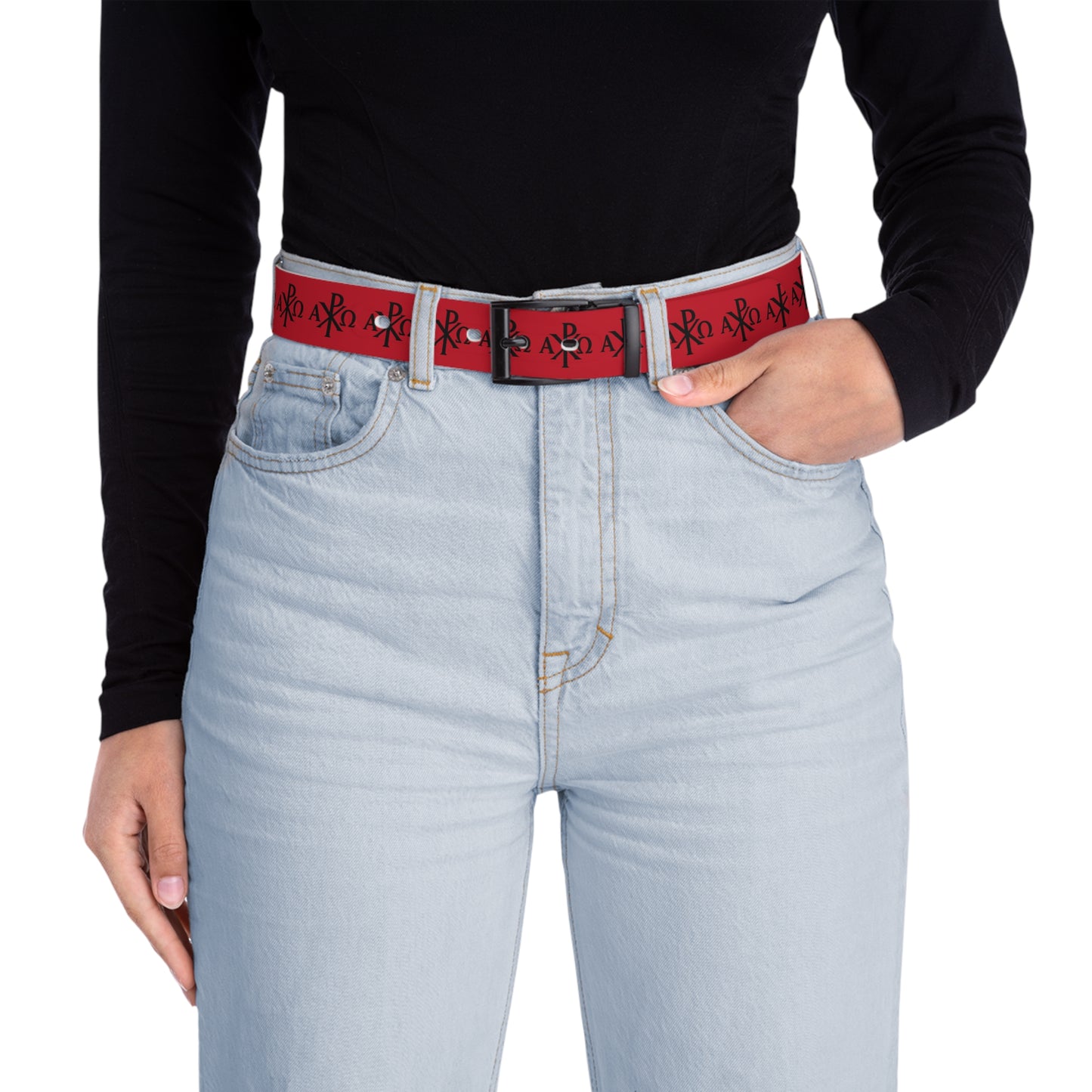 Eternal Order Belt in Red – Black Chi Rho with Alpha & Omega