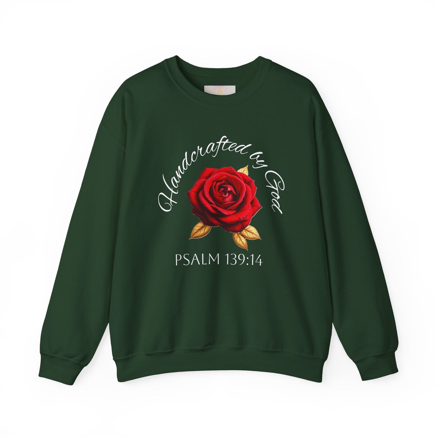 Handcrafted by God Rose Sweatshirt – White Lettering, Psalm 139:14